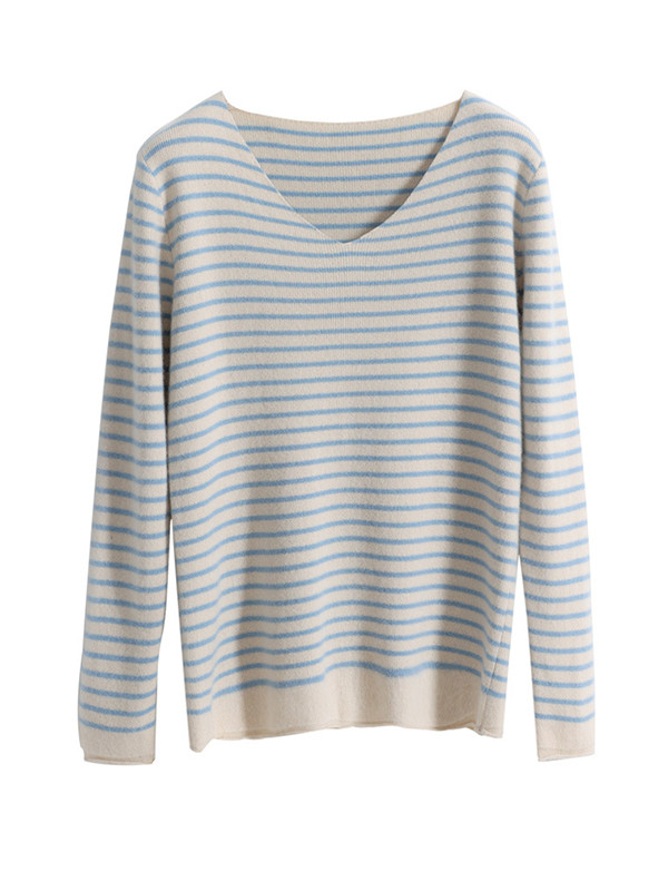 Long Sleeves Loose Contrast Color Split-Joint Striped Round-Neck Pullovers Sweater Tops