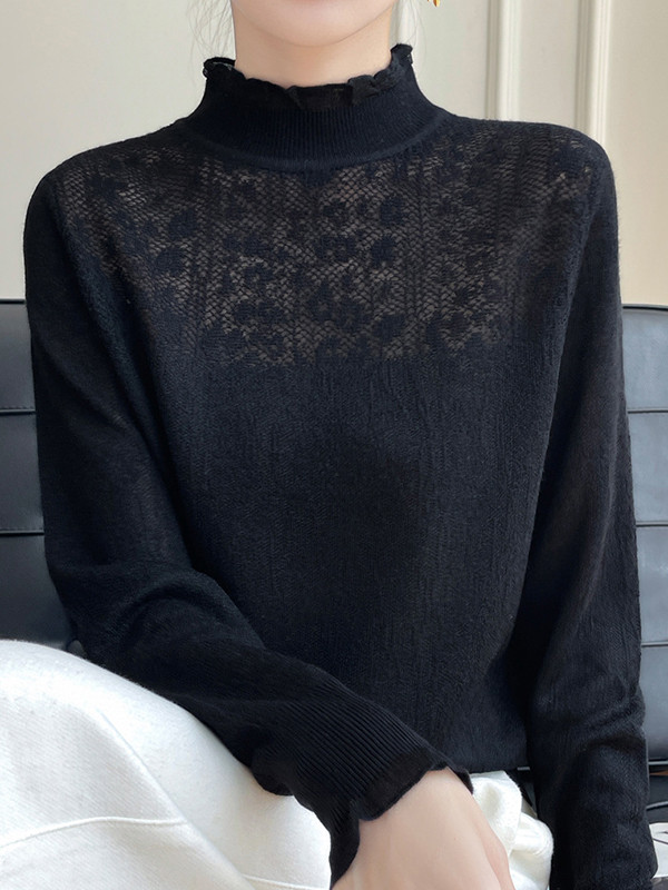 Crochet Solid Color Long Sleeves Loose Mock Neck T-Shirts Tops