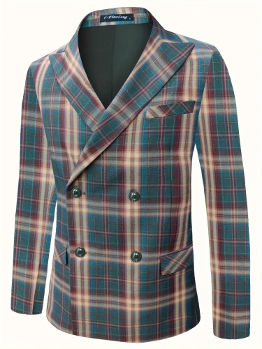 Men's Fashion Double-Breasted Plaid Blazer - Light Business Style Polyester Suit Jacket with Button Details, Spring\u002FAutumn