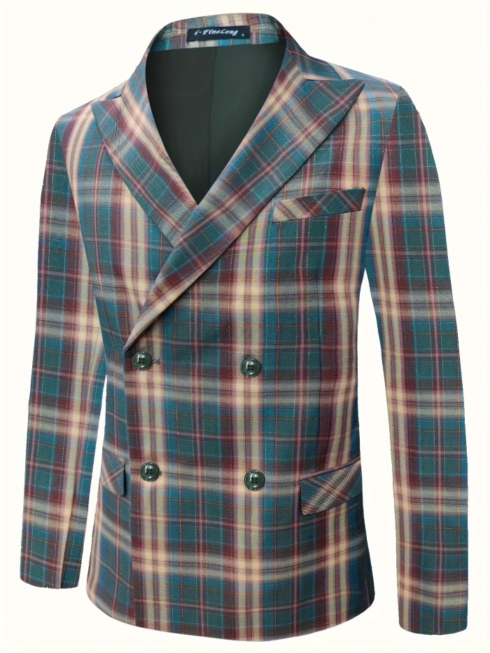 Men's Fashion Double-Breasted Plaid Blazer - Light Business Style Polyester Suit Jacket with Button Details, Spring\u002FAutumn