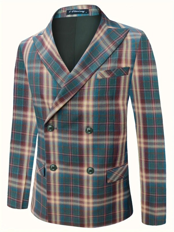 Men's Fashion Double-Breasted Plaid Blazer - Light Business Style Polyester Suit Jacket with Button Details, Spring\u002FAutumn