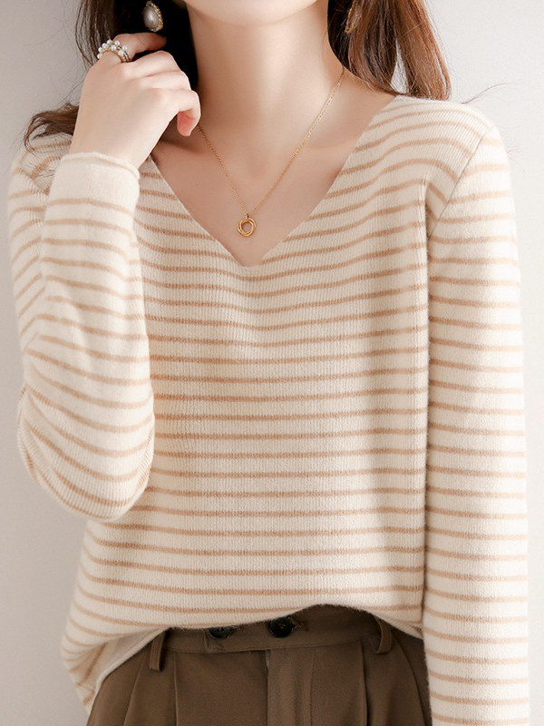 Contrast Color Striped Long Sleeves Loose V-Neck Sweater Tops Pullovers