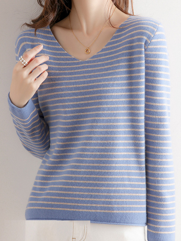 Contrast Color Striped Long Sleeves Loose V-Neck Sweater Tops Pullovers