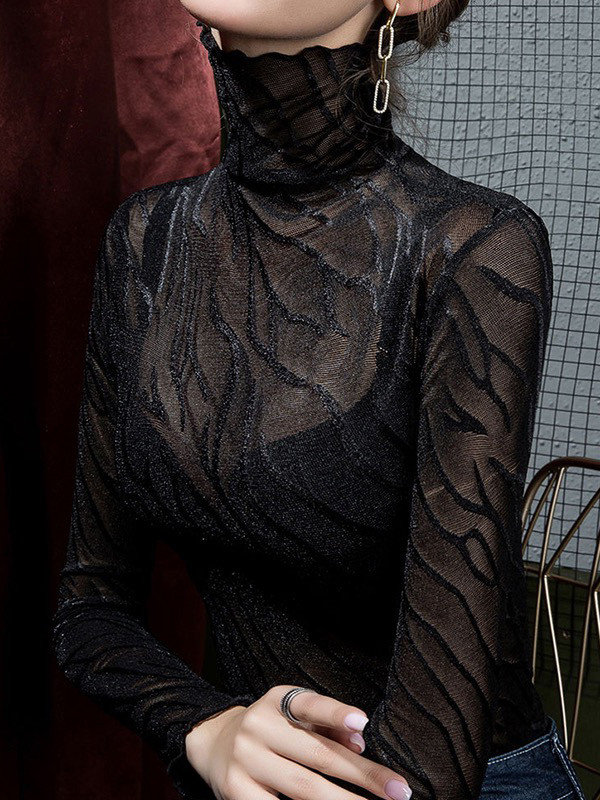 See-Through Solid Color Long Sleeves Plus Size High Neck T-Shirts Tops