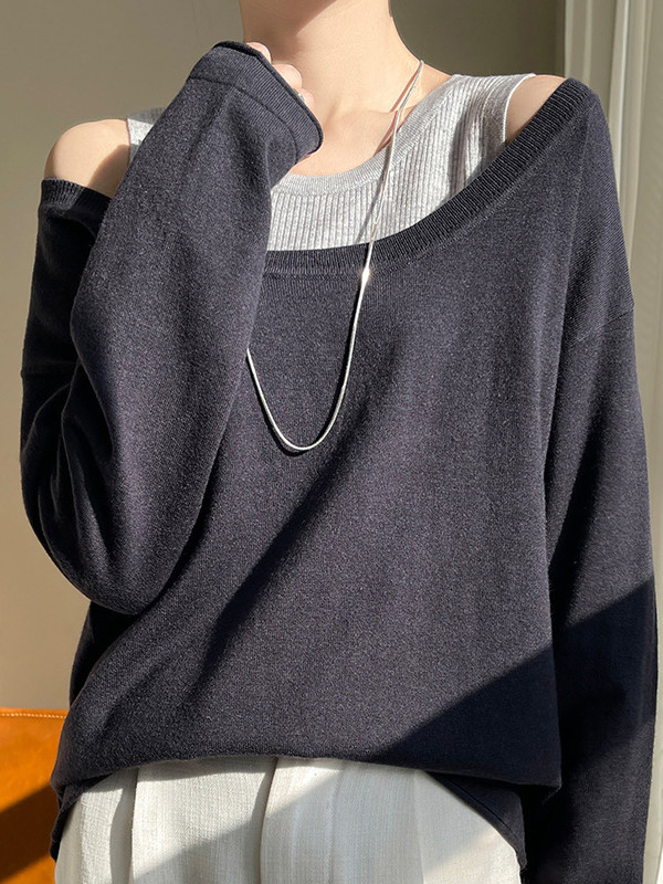 Contrast Color Split-Joint False Two Long Sleeves Cold Shoulder Sweater Tops Pullovers