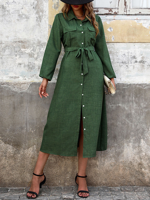 Buttoned Elasticity Pockets Solid Color Split-Joint Tied Waist A-Line High Waisted Lapel Shirt Dress Midi Dresses
