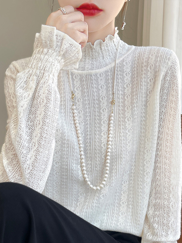 Elasticity Ruffle Trim Solid Color Long Sleeves Loose Mock Neck T-Shirts Tops