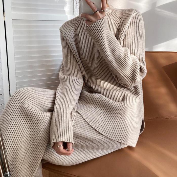 Fashion Ribbing Texture Round Neck Solid Color Two-piece Suit