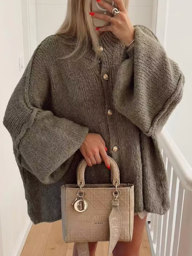 Buttoned Split-Joint Loose Puff Sleeves Round-neck Cardigan Tops