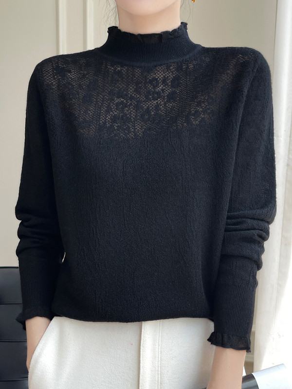 Crochet Solid Color Long Sleeves Loose Mock Neck T-Shirts Tops