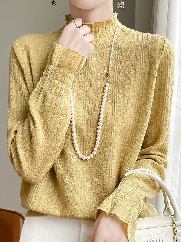 Elasticity Ruffle Trim Solid Color Long Sleeves Loose Mock Neck T-Shirts Tops