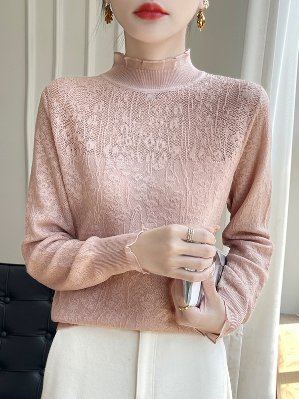 Crochet Solid Color Long Sleeves Loose Mock Neck T-Shirts Tops