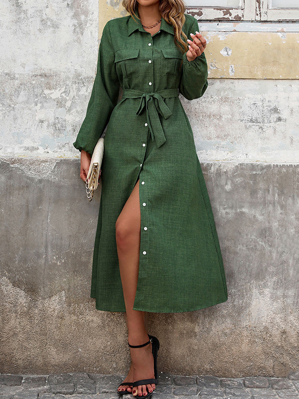 Buttoned Elasticity Pockets Solid Color Split-Joint Tied Waist A-Line High Waisted Lapel Shirt Dress Midi Dresses