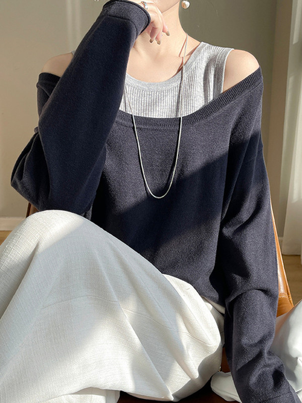 Contrast Color Split-Joint False Two Long Sleeves Cold Shoulder Sweater Tops Pullovers