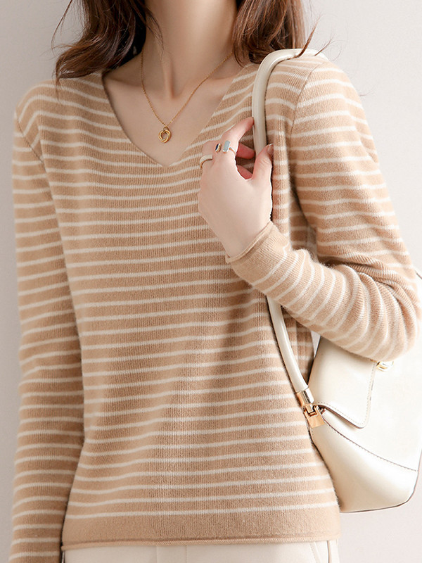 Contrast Color Striped Long Sleeves Loose V-Neck Sweater Tops Pullovers