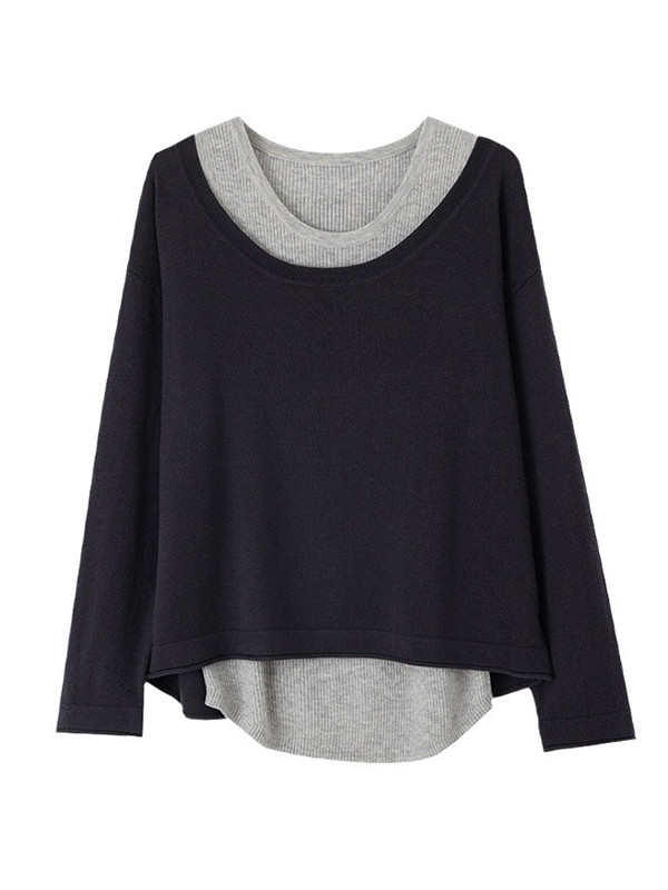 Contrast Color Split-Joint False Two Long Sleeves Cold Shoulder Sweater Tops Pullovers