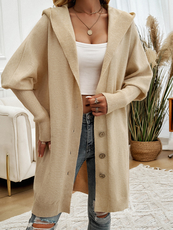 Buttoned Solid Color Batwing Sleeves Hooded Cardigan Tops