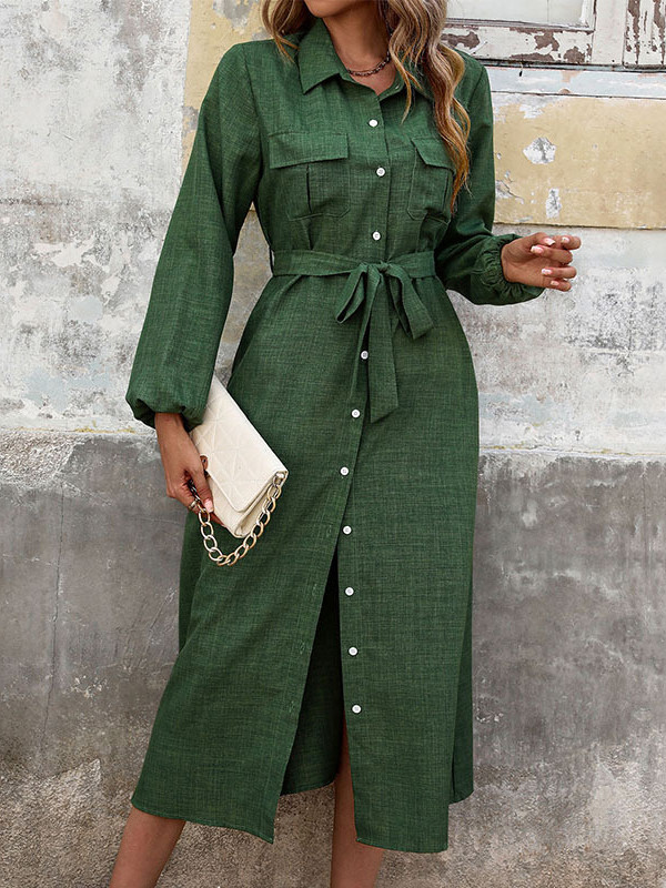 Buttoned Elasticity Pockets Solid Color Split-Joint Tied Waist A-Line High Waisted Lapel Shirt Dress Midi Dresses