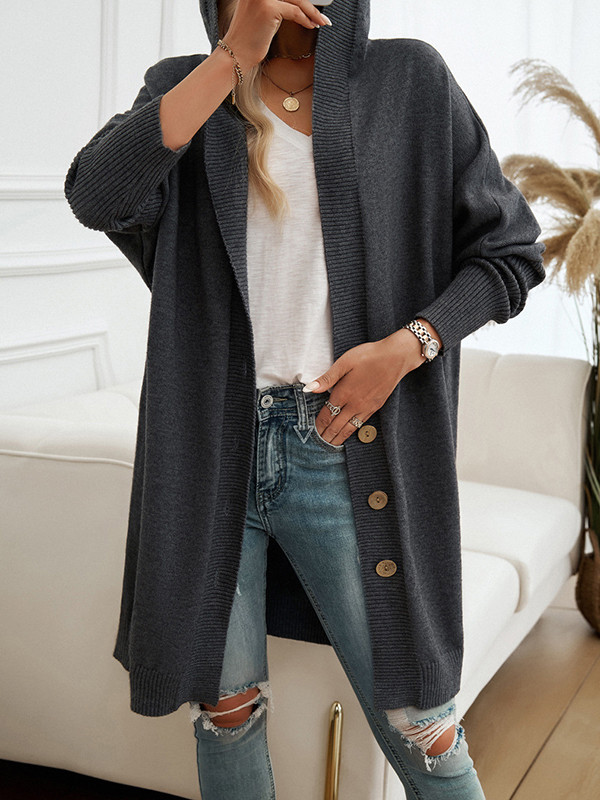 Buttoned Solid Color Batwing Sleeves Hooded Cardigan Tops