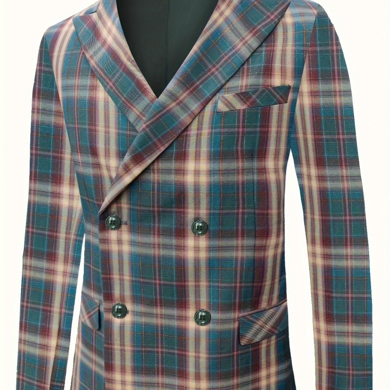 Men's Fashion Double-Breasted Plaid Blazer - Light Business Style Polyester Suit Jacket with Button Details, Spring\u002FAutumn