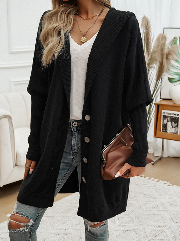 Buttoned Solid Color Batwing Sleeves Hooded Cardigan Tops