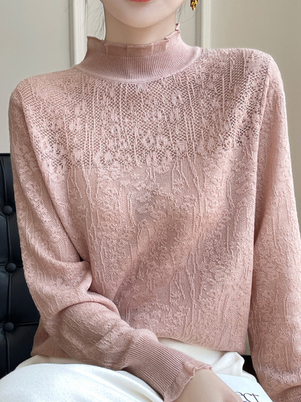 Crochet Solid Color Long Sleeves Loose Mock Neck T-Shirts Tops