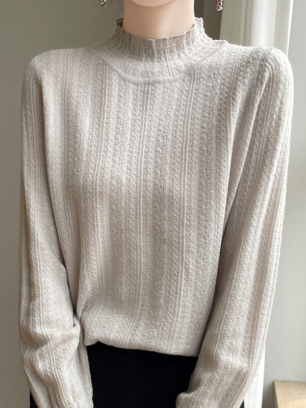 Elasticity Ruffle Trim Solid Color Long Sleeves Loose Mock Neck T-Shirts Tops