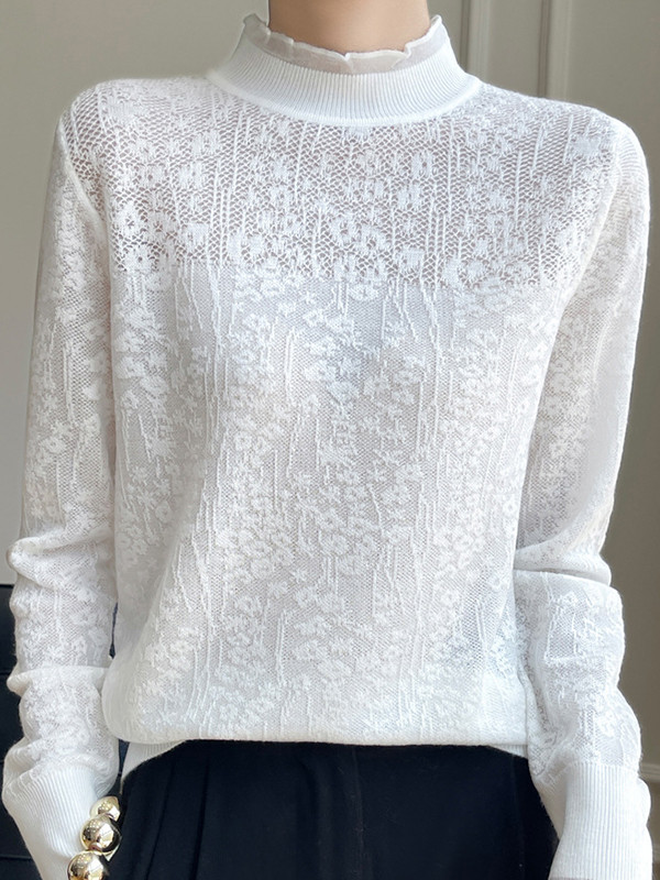 Crochet Solid Color Long Sleeves Loose Mock Neck T-Shirts Tops