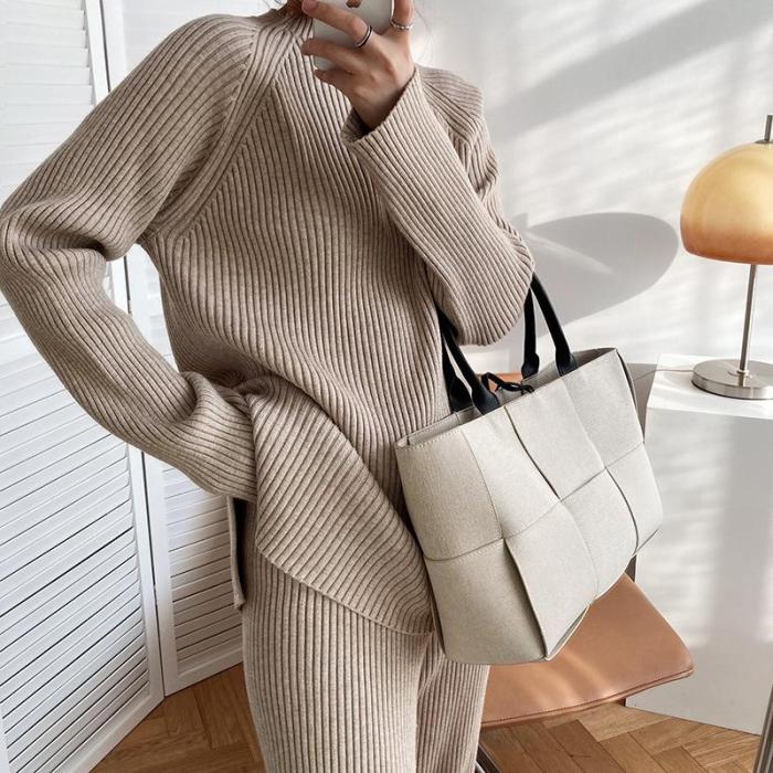 Fashion Ribbing Texture Round Neck Solid Color Two-piece Suit
