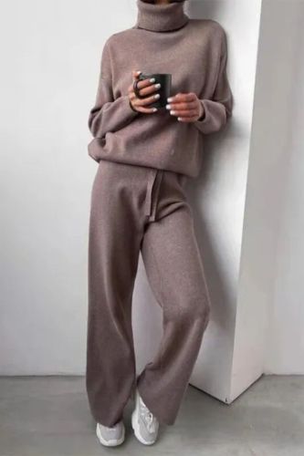 Turtleneck Solid Color Sweater Knit Set