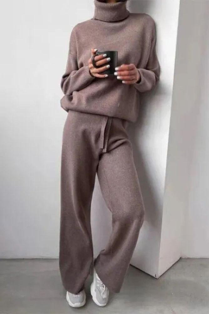 Turtleneck Solid Color Sweater Knit Set