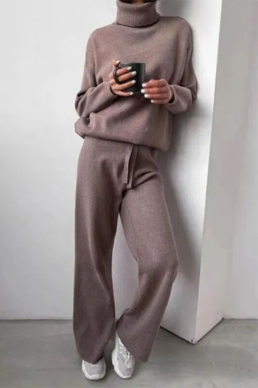 Turtleneck Solid Color Sweater Knit Set