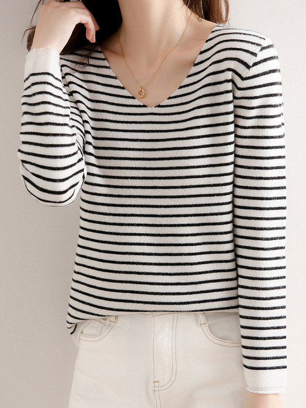 Contrast Color Striped Long Sleeves Loose V-Neck Sweater Tops Pullovers