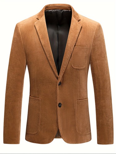 Men's Blazer Jacket With Turn-Down Collar, Solid Color, Regular Fit, Business Casual Style