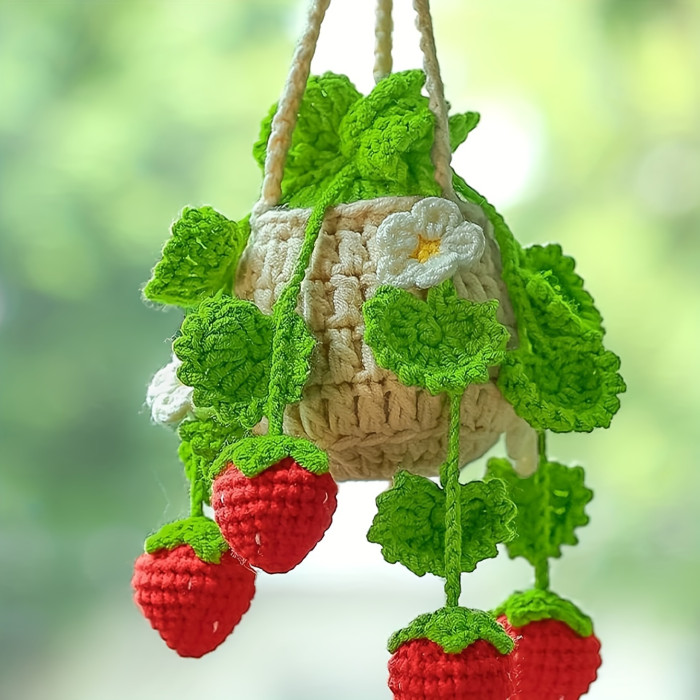Handcrafted Strawberry Basket Car Charm - Fabric Rearview Mirror Hanging Decor for Vehicle Interior