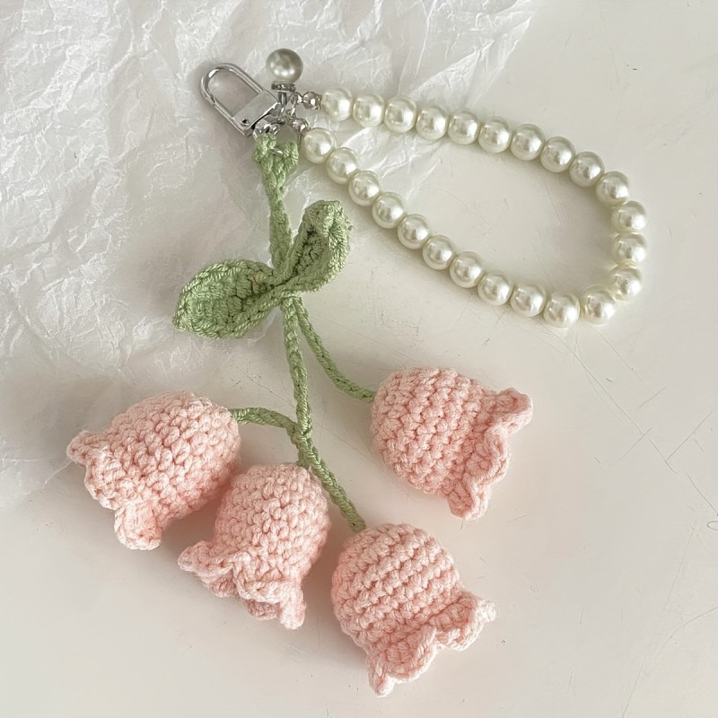 1pc, Cute Pearl Chain Fleece Crochet Lily Of The Valley Flower String Keychain Bag Decorative Buckle Boho Style Creative Keychain, Backpack Pendant, Bag Charms, Birthday Gifts, Party Favors