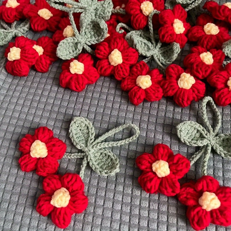 Handcrafted Crochet Flower Pendant with Adjustable Leaf Charm - Versatile Cotton Yarn Accessory for Car Decor, Keychain & Bag Embellishment | DIY Craft Supplies in Ivory\u002FPurple\u002FRed