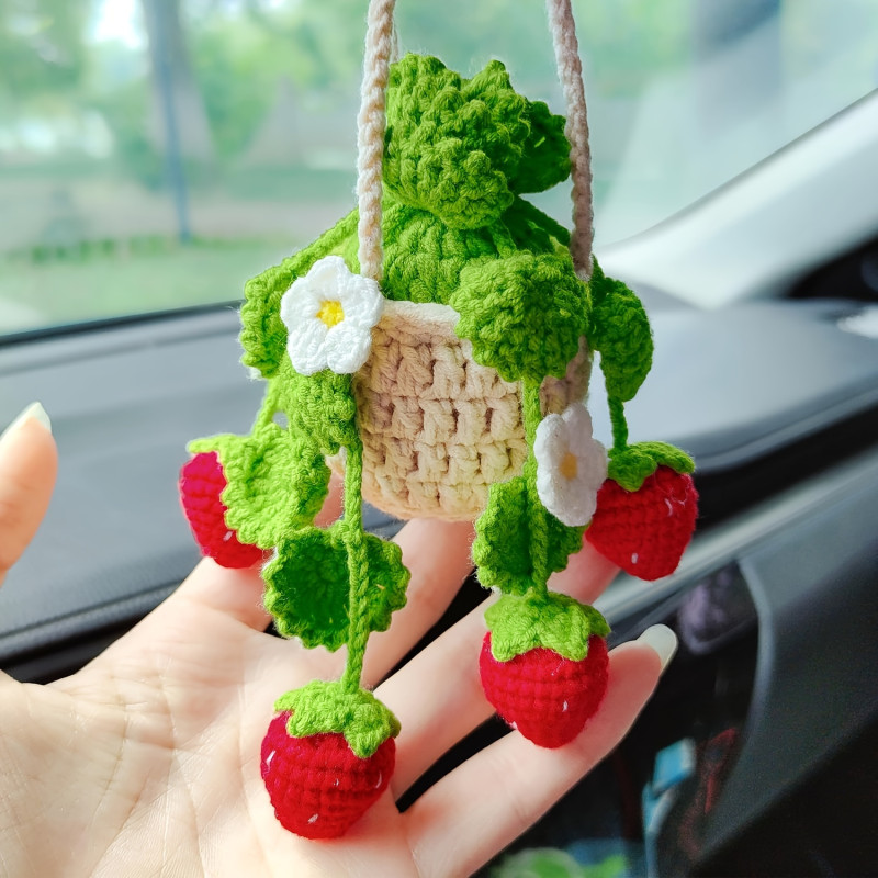 Handcrafted Strawberry Basket Car Charm - Fabric Rearview Mirror Hanging Decor for Vehicle Interior