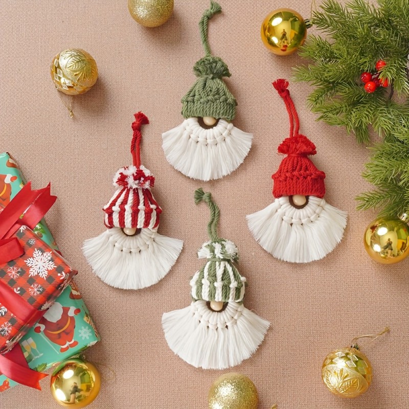 1-Set Macrame Santa Claus Kit - Handmade DIY Craft for Festive Christmas Tree Decoration with Adorable Hanging Gnomes and Whimsical Santa Elf Themed Holiday Decor - Complete Kit for Home or Office Decoration