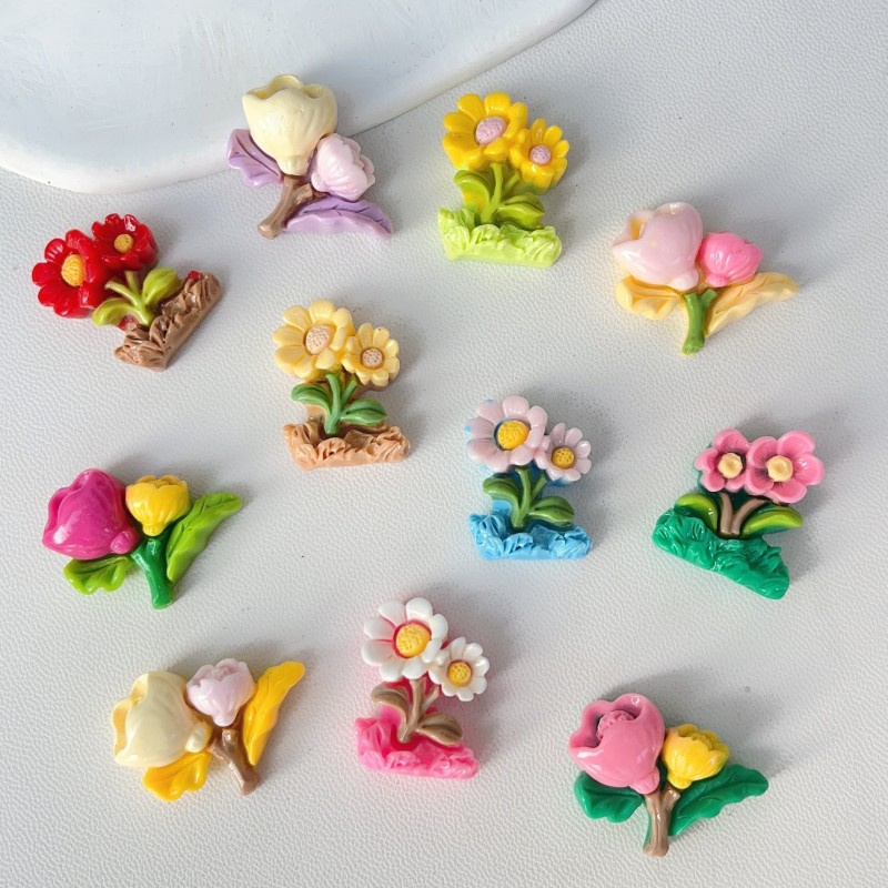 10pcs Mixed Assorted Flower Resin Accessories For Stationery, Phone Cases, Keychains, Cups, Shoe Charms, Fridge Patches Stickers Decors, Send Double-sided Tape