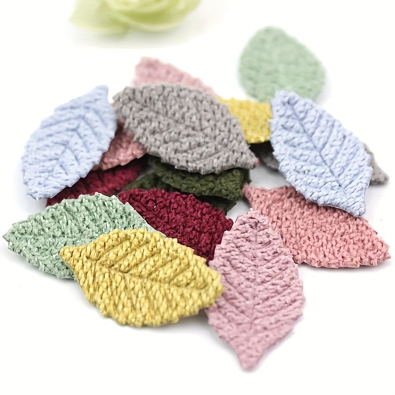 40pcs Assorted Faux Leaves Embossing Yarn Craft Embellishments, DIY Accessory For Apparel, Leggings, Shoes, Hats, Ultrasonic Embossed Knitted Leaf Shapes, Decorative Elements
