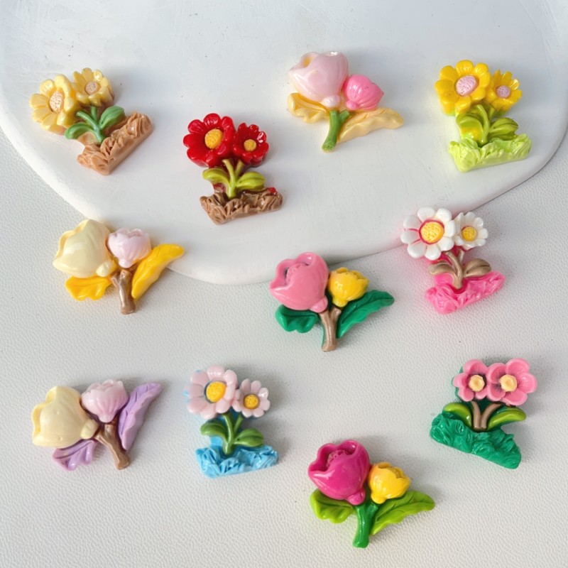 10pcs Mixed Assorted Flower Resin Accessories For Stationery, Phone Cases, Keychains, Cups, Shoe Charms, Fridge Patches Stickers Decors, Send Double-sided Tape