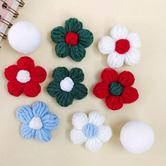 10PCS Handmade Crochet Colorful Small Woolen Flowers Puffs - Vibrant Holiday Clothing Accessories