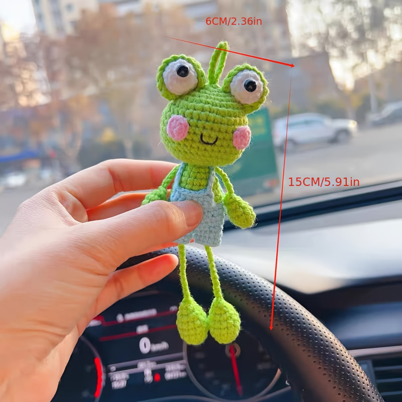 Handcrafted Crochet Frog Car Mirror Charm - Unique Fabric Hanging Accessory for Vehicle Interiors