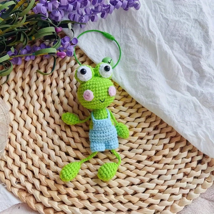 Handcrafted Crochet Frog Car Mirror Charm - Unique Fabric Hanging Accessory for Vehicle Interiors