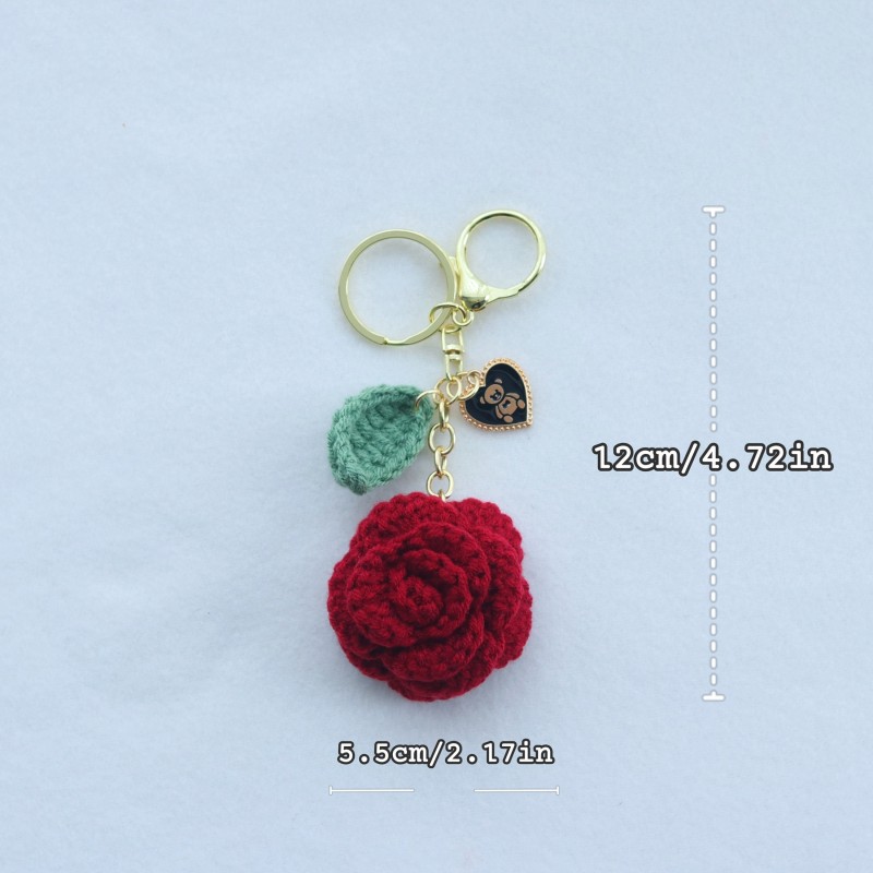 Handcrafted Crochet Red Rose Keychain with Green Leaf and Heart-Shaped Bear Charm - Fabric Floral Keyring for Backpack, Car Key Decoration - Ideal for Wedding, Bridal Shower, Birthday, Anniversary, Graduation Gifts - Suitable for Christmas, Thanksgiving, New Year, Valentine's Day, Mother's Day - For Ages 14+