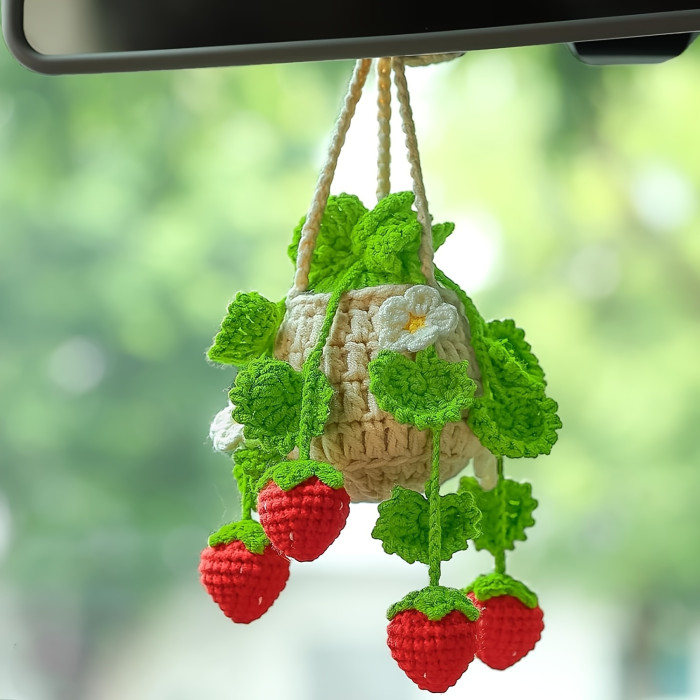 Handcrafted Strawberry Basket Car Charm - Fabric Rearview Mirror Hanging Decor for Vehicle Interior