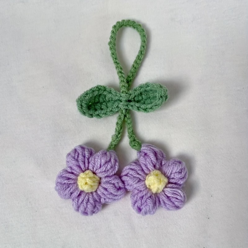 Handcrafted Crochet Flower Pendant with Adjustable Leaf Charm - Versatile Cotton Yarn Accessory for Car Decor, Keychain & Bag Embellishment | DIY Craft Supplies in Ivory\u002FPurple\u002FRed