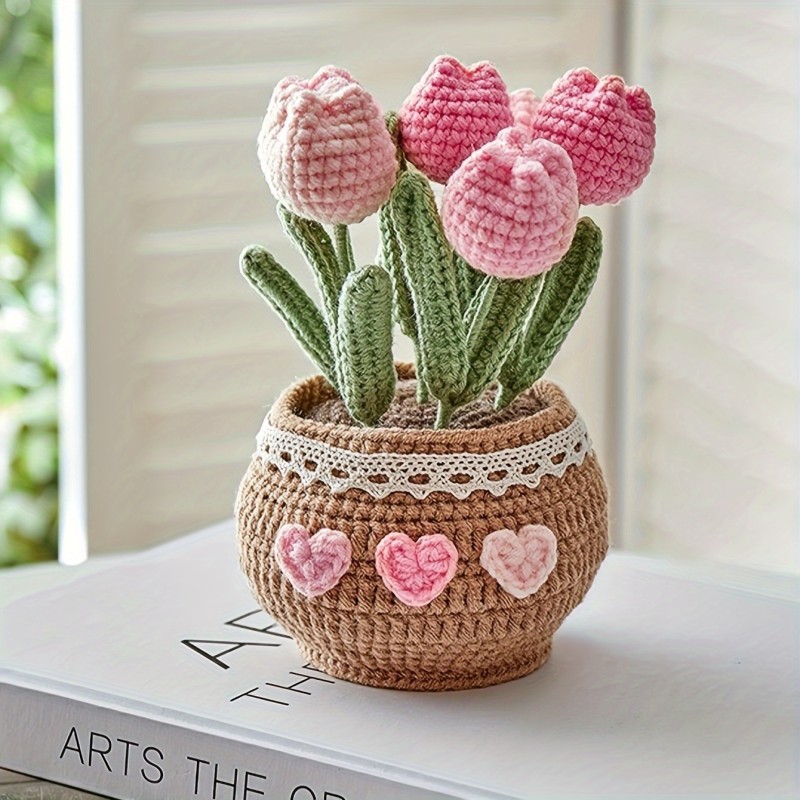 Handcrafted Crochet Tulips in Pot Dashboard Ornament, Everlasting Fabric Flowers Bonsai Arrangement, Vehicle Decor Accessory, Handmade Yarn Potted Lucky Tulips for Home and Garden Decoration