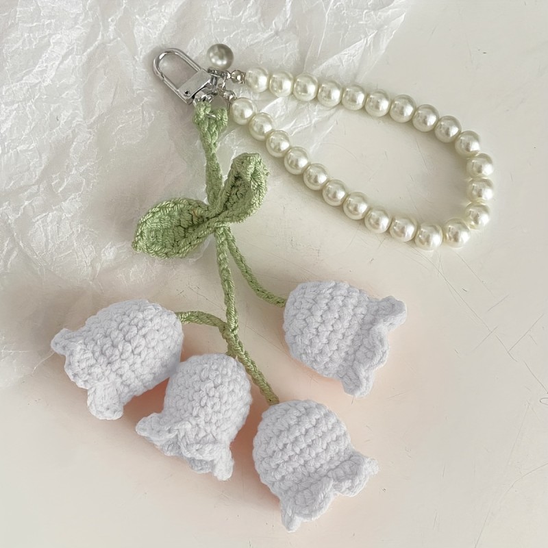1pc, Cute Pearl Chain Fleece Crochet Lily Of The Valley Flower String Keychain Bag Decorative Buckle Boho Style Creative Keychain, Backpack Pendant, Bag Charms, Birthday Gifts, Party Favors